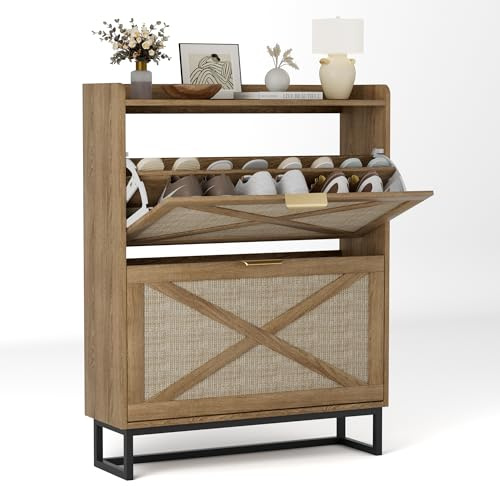 BonVache Schuhschrank schmal, Schuhkipper mit 2 Klappen, Schuhregal mit 4 Ablageflächen für Flur, Schuhkommode mit Metallfüßen, Schuhaufbewahrung Holz, 80x23,8x101,7 cm, Rattan