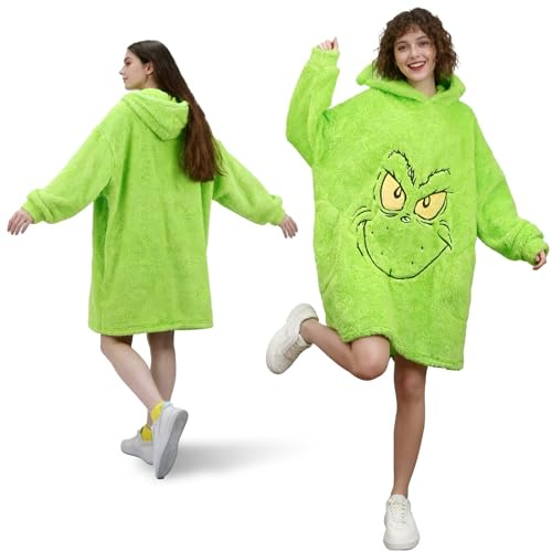 Hoodie Decke mit Ärmeln, Festlicher Film Animierter Charakter Tragbarer Pullover, Tragbare Decke zum, Anziehen Erwachsene Kuscheldecke mit Ärmeln für Männer, Frauen, Jugendliche, Grün 90x80 cm