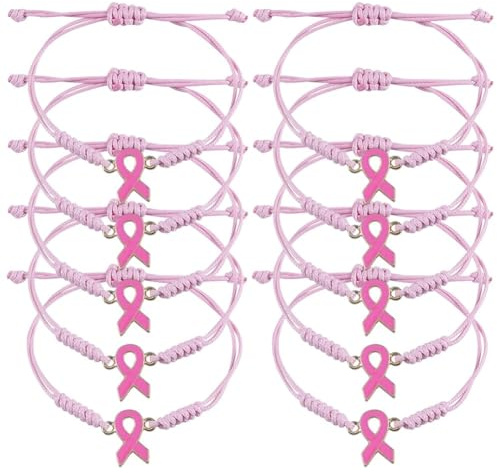 Casiler Lot de 10 Bracelets Tressés Faits Main pour Sensibilisation Au Cancer du Sein, Réglables, avec Ruban Rose, pour Femmes Filles