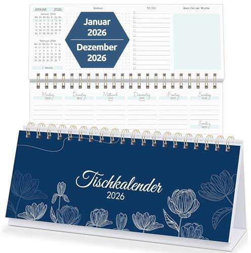 KONVINIT Tischkalender 2026,Wochenplaner mit Aufsteller Schreibtisch-Kalender,1 Woche 2 Seiten, Stehkalender für Schule Büro Zuhause,Format: 29,7 x 11,6 cm (Querformat)