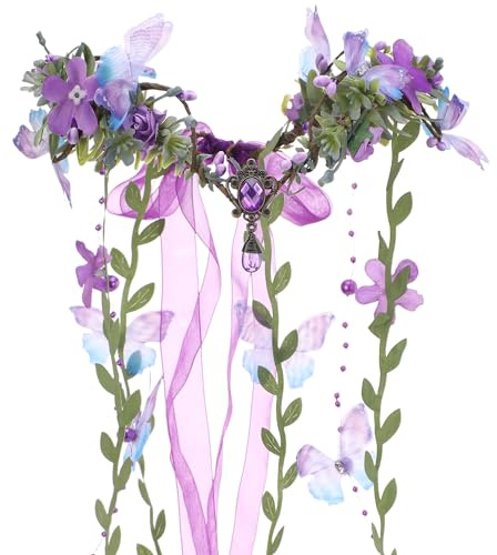 MOSTORY Feen Krone Elfen Kopfschmuck Waldfee Kopfschmuck Karneval Kostüm Blumenkranz Waldelfen Kostüm Damen