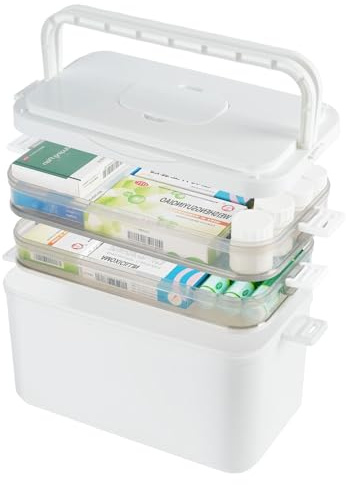 3-Tier Medicine Storage Box, Portable Medicine Storage Organiser with Compartments, Household First Aid Box, Large Capacity Medicine Container Box with Lid for Home Office Travel Car School