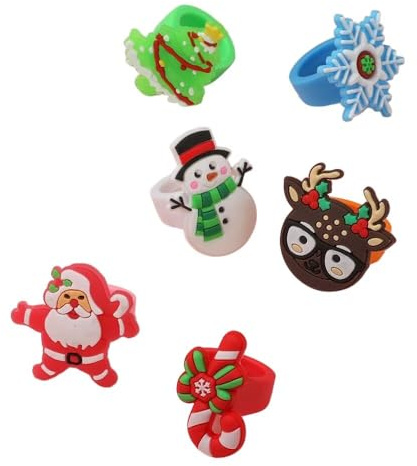 SHO_WING 6-teiliges Weihnachts-PVC-Ring-Set, Cartoon-Weihnachtsmann/Schneemann/Rentier, festliche Kinder-Süßigkeiten-Thema, Partygeschenke und kleine Geschenke