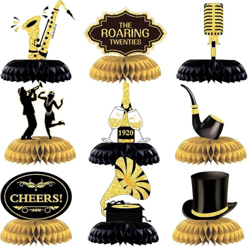 RUINUVYS 20er Jahre Deko Tischdeko Set 9 Stück, Roaring Twenties Party Tischaufsteller mit 3D Waben, doppelseitig Bedruckte Pappe Mittelstücke für Motto-Party, Familienfeier, Schul-Event & Foto-Requi