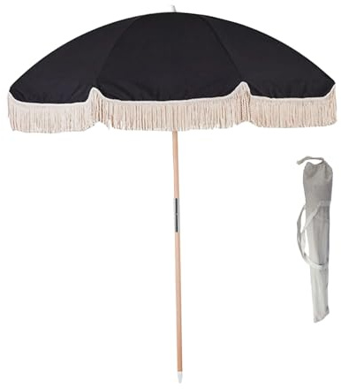 HUPQCVX Sombrilla De Exterior Con Borlas, Gran Capacidad De Carga, Poste De Madera Maciza, Sombrilla De Playa De 2 Metros, Negra.(Black)
