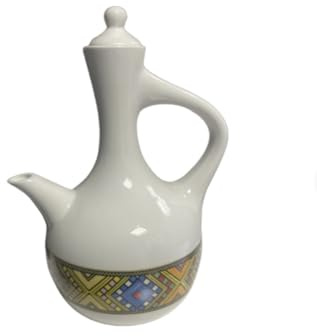 Habesha Jebena Traditional Ethiopian Coffee Pot, White Ceramic, Colourful Geometric Pattern, with Lid