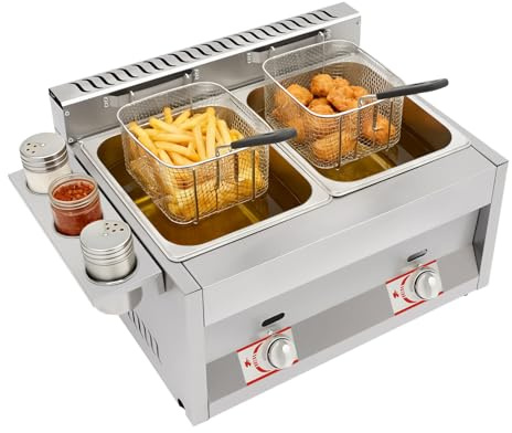 Friteuse à gaz, 60,3 x 46 x 33,5 cm, double réservoir commercial, en acier inoxydable, friteuse professionnelle avec paniers filtrants, couvercle, zones froides, pour restaurant, snack-bar, apéritifs