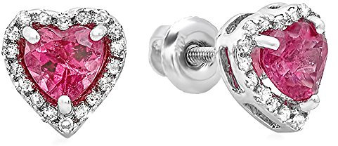 Da donna in oro bianco 10 K a forma di cuore rosa tormalina e diamanti rotondi Halo orecchini