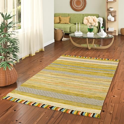 Natur Teppich Bauwolle Kelim Kalleen Grün in 6 Größen