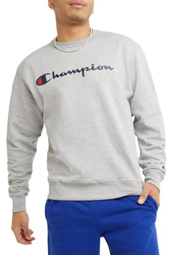 Champion Men’s Powerblend Fleece Crewneck Sweatshirt, Classic Script Logo, Platinum Silver Heather - Classic Script Logo, Medium