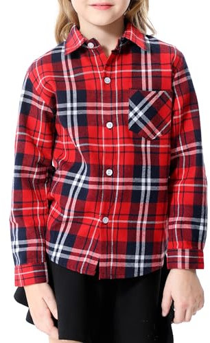 SANGTREE Chemise en flanelle 100 % coton à manches longues pour filles et femmes, Carreaux rouge marine, 10-11 Ans