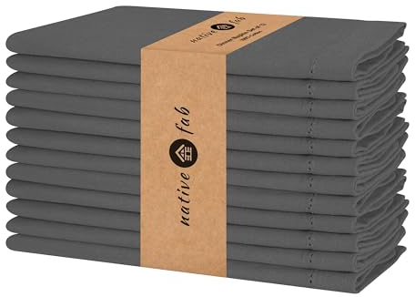 Native Fab Set mit 12 Stoffservietten mit Hohlsaum, 100 % Baumwolle, 45.7x45.7 cm, weich, bequem, saugfähig, Restaurant, Hotelqualität, Hochzeit, Abendessen, Servietten, pflegeleicht, waschbar,Grau