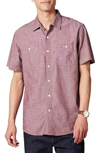 Amazon Essentials Camisa de Manga Corta de Corte Regular en Chambray Hombre, Burdeos, M