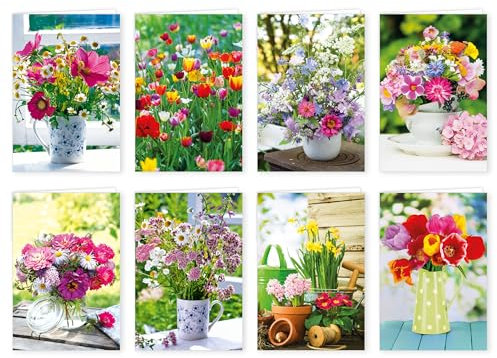 Skorpion PremiumLine Grußkarten Frühling Set mit 16 Karten mit Umschlag | Blanko Innenseite Weiß, FSC qualifiziertes Papier | Postkarten Frühjahr, Glückwunschkarten Blumen | 11,5 x 17,5 cm Papeterie