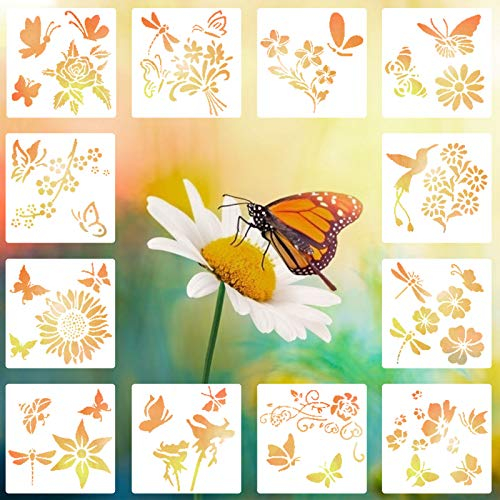12 Stück Schmetterling Schablonen Frühling Themen Kunststoff Zeichnung Vorlagen Blumen Bienen Vorlagen Airbrush Vorlage DIY Wand & Möbel Dekoration Zeichnung Schablone, 15x15 cm