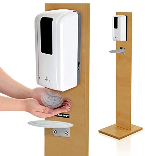 KRIEG Desinfektionssäule Holz Sensor Tropfschale I BUCHE I Kontaklose Desinfektionsspender stehend 1000 ml - 333 Sprühstöße I Desinfektionsstation freistehend, automatisch I Ready to go