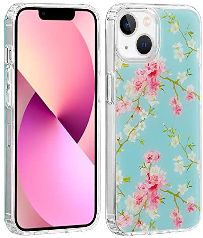 32nd Floral Gel Series - Transparent Clear Case with Floral Design for Apple iPhone 13 Mini (5.4), Hard Back Cover with TPU Gel Edges - Spring Blue