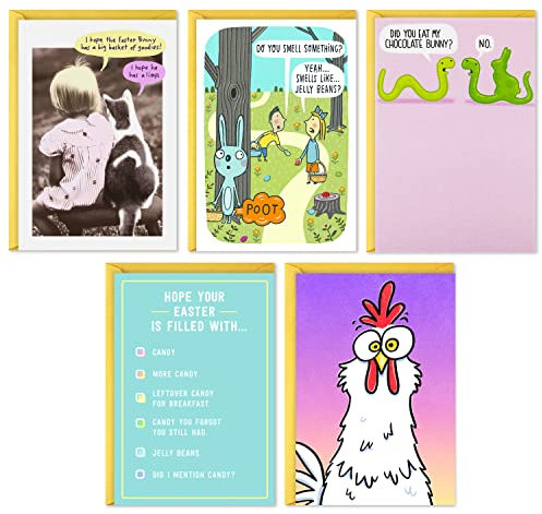 Hallmark Shoebox Funny Easter Cards Assortment, 5 Cards with Envelopes (Cats, Chicken, Snakes, Easter Bunny)
