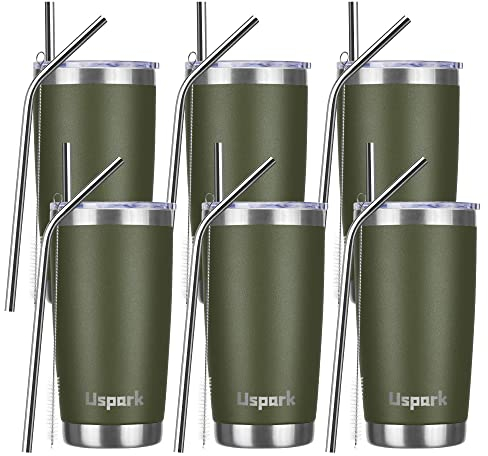 UsparkMC 20oz Tumbler Bulk Stainless Steel Cups with Lid and Straw, Double Wall Vacuum Insulated Travel Cups, Thermal Coffee Mug for Cold & Hot Drinks(Army Green, 6 Pack)