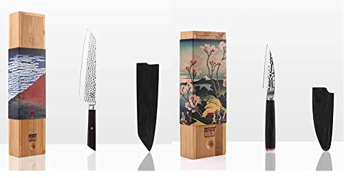 KOTAI Couteau de Chef en Acier Japonais Martelé et Manche en Ébène Véritable, Lame de 20cm & Couteau d’Office avec Manche en Pakkawood, Lame de 10cm en Acier Inoxydable Japonais 440C Ultra-Tranchant