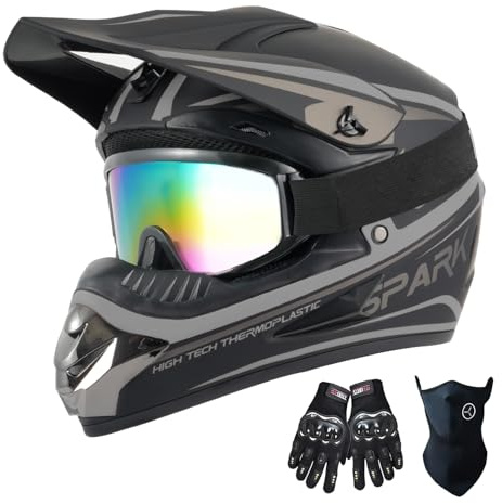 TTMiku Youth Kids Dirt Bike Helmet Motocross ATV Dirtbike BMX MX Go-Kart 4-Wheeler Quad Offroad Motorcycle Helmet Goggles Gloves Mask DOT Certified, Gray, Medium