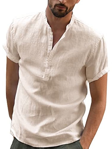YAOBAOLE Mens Summer Henley Shirts Short Sleeve Cotton Linen Button Grandad Tee Khaki XL
