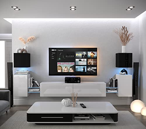 Furnitech Wohnwand Wohnzimmer | Wohnzimmer Möbel mit LED Weiß | Hängend Wohnwand Modern | Wohnzimmer Schrankwand mit Regale und TV Schrank (AN105-21BW-HG3 1C)