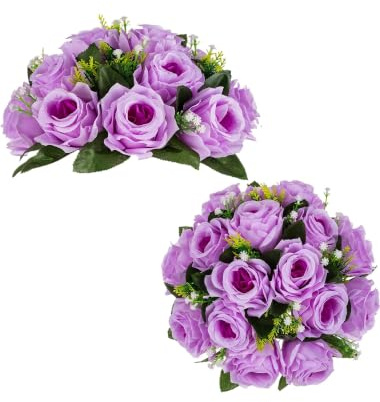 BLOSMON Blumenstrauß Blumengestecke Künstlich Deko Rose 2 Pcs Lilac Künstliche Blumenstrauss Blumen Tischdekoration Blumenkugel Valentinstag Rosenstrauss Echt for Hochzeit Muttertagsgeschenk