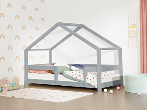 Benlemi Kinderhausbett mit Rausfallschutz Lucky 80x160 cm Grau Bettenhaus mit Lattenrost/Rollrost aus Massivholz für Kinder- und Jugendzimmer Spielbett
