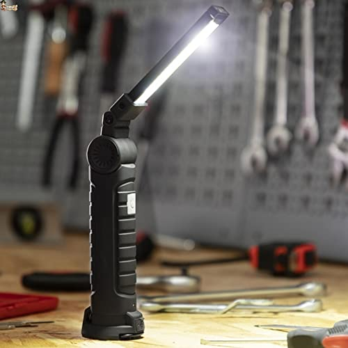 BricoLoco.com Linterna LED recargable imantada. 24 COB LED + 1 LED. Varios modos de iluminación 5 en 1. Resistente al agua. Luz magnética con imán para camping, taller coche. Multiuso y multiposición