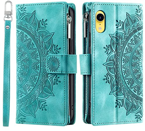VEEMOS Wallet Case for iPhone XR Flower Flip Case Protective Leather Folio Book Phone Cover with Card Slots Kickstand Zipper Pocket - Green