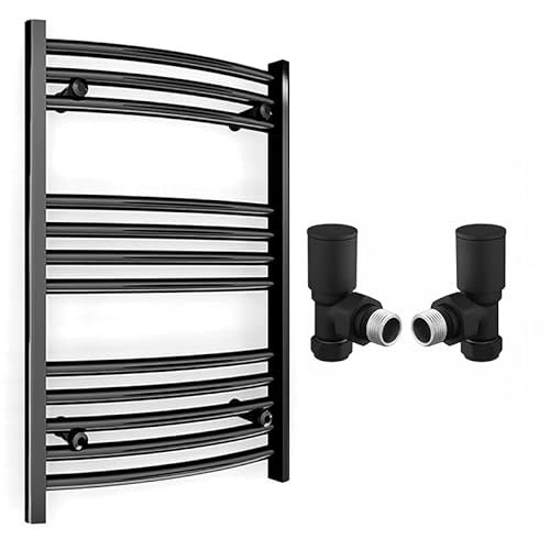 Myhomeware 500mm Wide Curved Black Radiator Bathroom Towel Rail Radiator For Central Heating Bathroom Heated Towel Rail (500 x 700 mm (h), With Black Angled Valves)