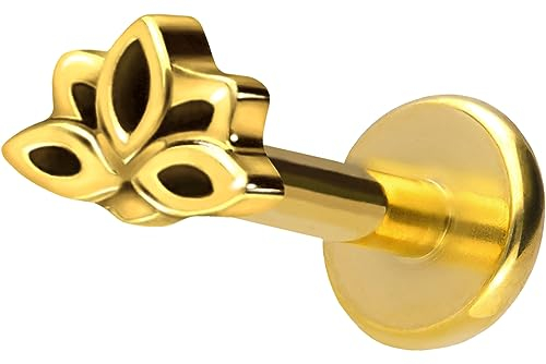 PIERCINGLINE Titan Labret mit Push Fit LOTUSBLÜTE Piercing Ohr Helix Tragus Conch Goldfarben 1,2x6 mm