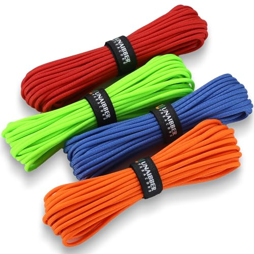 Unaibber 40M Paracord 4mm, 4 Stück x 33ft | Paracord Schnüre Seil 7 Kern-Strängen, Paracord aus reißfestem 100% Nylon Seil, Type III Paracord hält bis zu 250kg für Survival Camping, Gesamtlänge 132ft