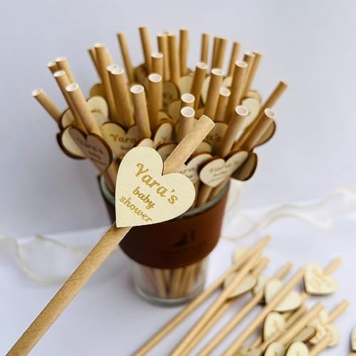 WOMB Personnaliser Personnalisée Wedding Favors Baby Shower Party Paille en Papier Personnalisée Gravée Pendaison Bois Coeur d'amour Paille (Love Style,50pcs)