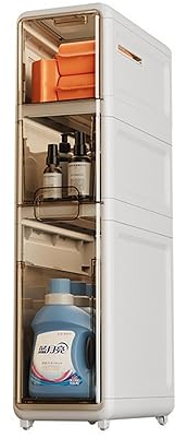 Schmaler Badezimmer-Organizer. Zusätzlicher Aufbewahrungsschrank mit Rollen für enge Räume. Beistellschrank mit 3 kompakten Schubladen für Toilettenpapier, Waschmittel und Badezimmerzubehör.