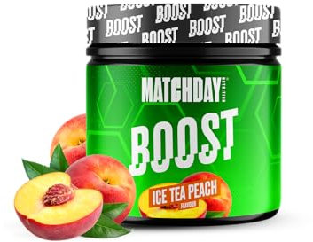 MATCHDAY NUTRITION | BOOST | 90 Minuten Vollgas Fußball | ATP Booster mit Aminosäuren und Kohlenhydraten | Mehr Schnellkraft, Explosivität & Ausdauer | 20 Portionen (Ice Tea Peach)