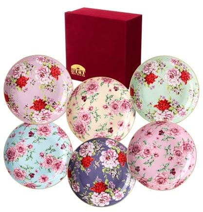 BTaT- Porcelain Floral Plates With Gift Box, 8-Inch, Set of 6, Deep Royal Dessert and Appetizer Plates, Small Dishes for Salad, Valentines Gift