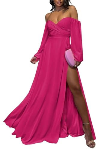 KURFACE Vestidos de dama de honor de boda de campo de manga larga con abertura de gasa para fiesta de noche maxi vestidos WSX437, fucsia, 52 Más