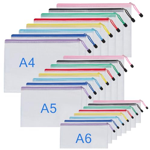 Dokumententasche A4+A5+A6, 24 Stücke Wasserdichte Dokumentenmappe, Mesh Beutel mit Reißverschluss für Dokumente, Papier, Kosmetika, Quittung und Reiseutensilien, 8 Farben