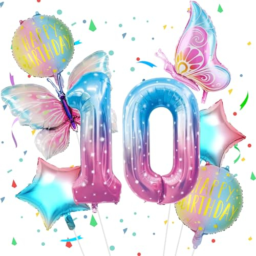 VUCDXOP Geburtstagsdeko Mädchen 10 Jahr - Schmetterling Deko, Luftballons, Riesen Folienballon Zahl 10 für Party