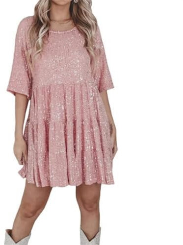 Vimlo Mini Robe à Paillettes Scintillantes for Femmes, Demi-Manches, Taille Haute, Robes Courtes à Plusieurs Niveaux, Robe Babydoll, vêtements de soirée et de Club (Color : Pink, Size : M)