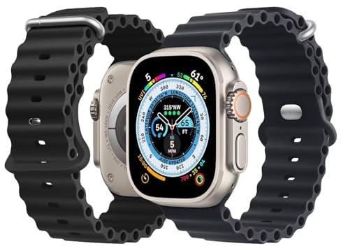 NUKELOLO 2 Pack Ocean Strap Compatible with Apple Watch Ultra 49mm 46mm 45mm 44mm 42mm 41mm 40mm 38mm, Soft Silicone Sport Band for iWatch Series 10 Ultra 9 8 7 6 5 4 3 2 1 SE, Black/Midnight Blue