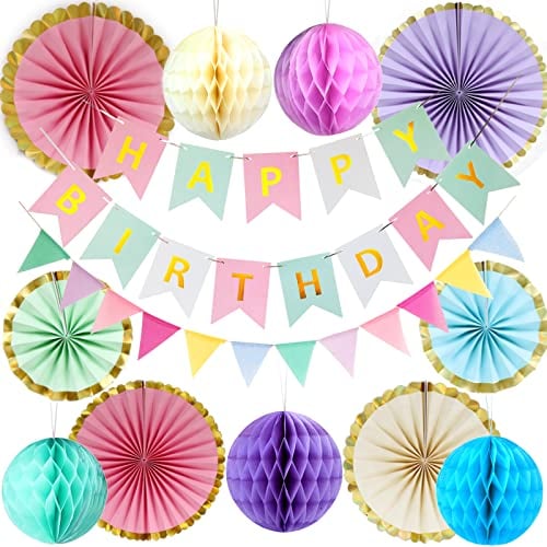 POTFGUI Wiederverwendbare Geburtstagsdeko, Pastellfarbene Happy Birthday Girlande, Wimpelkette, Wabenbälle, Pompons Deko, Kindergeburtstag Deko, Geburtstagsdeko Frauen