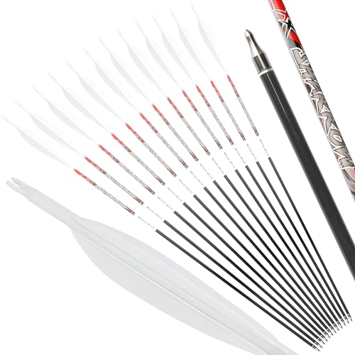 wolfman 32 Zoll 100% reines Carbon Pfeile für Bogenschießen Spine 300-800 Zielpfeile Erwachsene mit 5 Federn Jagdpfeil für Compound Bogen Recurve Bogen Bogen und Pfeil (Weiß, Spine 800)