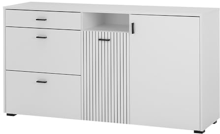 Lomadox Kommode Anrichte Sideboard Wohnzimmerschrank Schrank modern weiß matt schwarz Rillen gerillt 150x79,6x42 cm