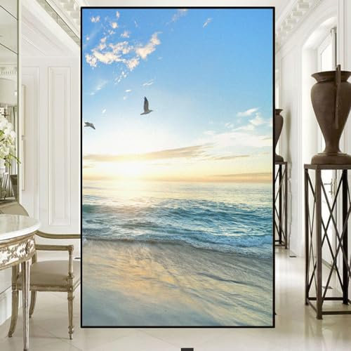 Fensterfolie, Motiv: Meereslandschaft, dekoratives Muster, statisch haftend, Wärmeregulierung, UV-blockierend, Fensterfolie, dekorativ, mattiert, 90 x 120 cm