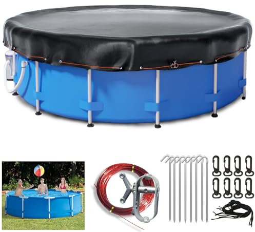 24ft Round Pool Cover, Solar Cover for Above Ground Pools with Winch and Cable, Tear Resistant Solar Swimming Pool Cover, Winter Pool Cover Protector Ideal for Waterproof and Dustproof