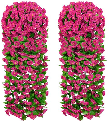 MEIVINES Flores Artificiales Colgantes 2 Piezas Artificiales Plantas Colgantes de Petunia Flores Artificiales Decoración para Interior Exterior Jardín Balcón(Rosa Rojo,82cm)