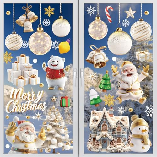 Wothfav Vetrofanie Natalizie, 9 Fogli Adesivi Finestra Natale 3D, 110 Pezzi Vetrofanie Natalizie per Finestre Riutilizzabile, Fiocchi di Neve, Babbo Natale, Renne, Campane, Decorazioni Natalizie